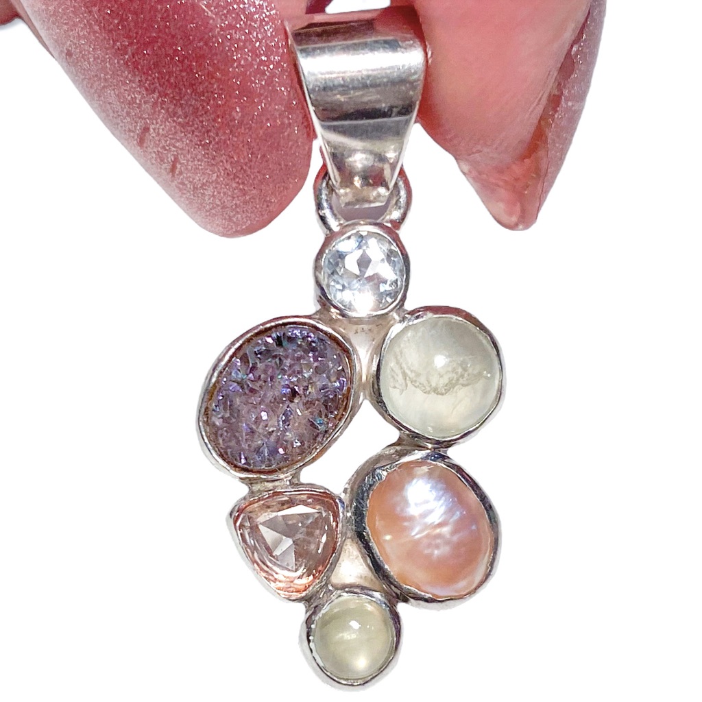 Starborn Small 925 Sterling Silver Pendant Accented With Druzy, Pearl, Gemstones